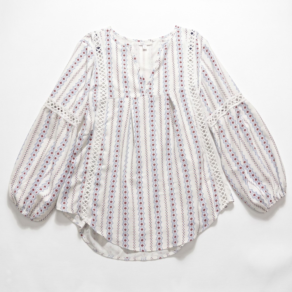 Womens M White Boho Blouse Red Blue Diamond Star Print Crochet Trim Top Casual